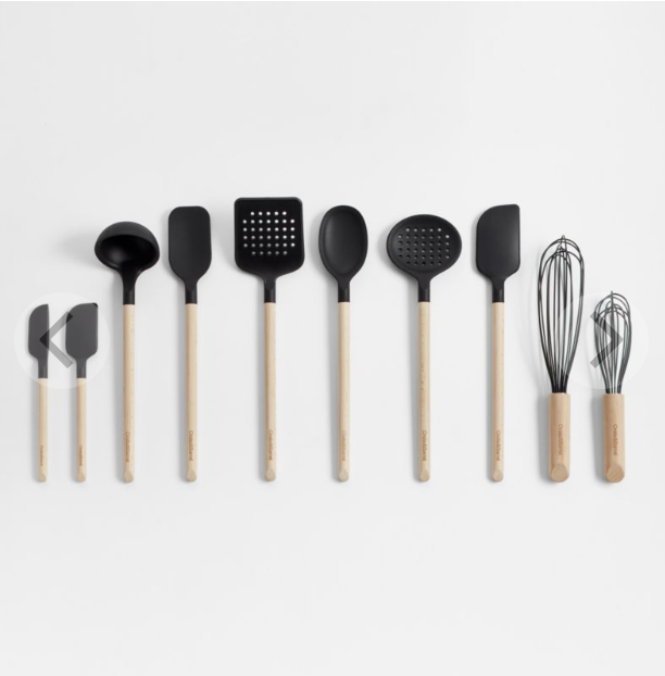 Crate & Barrel Wood and Black Silicone Utensils, Set of 10