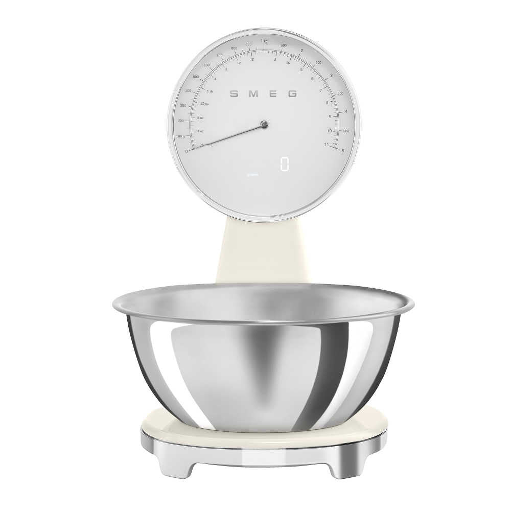 Front view of SMEG 50’s kitchen scale showcasing analog dial and removable stainless steel bowl on white background
