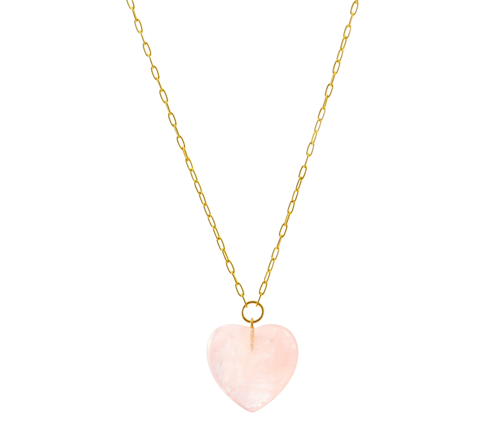 Front view of Rose Quartz Heart Pendant on Gold Chain showcasing a pink rose quartz heart and 14K yellow gold chain