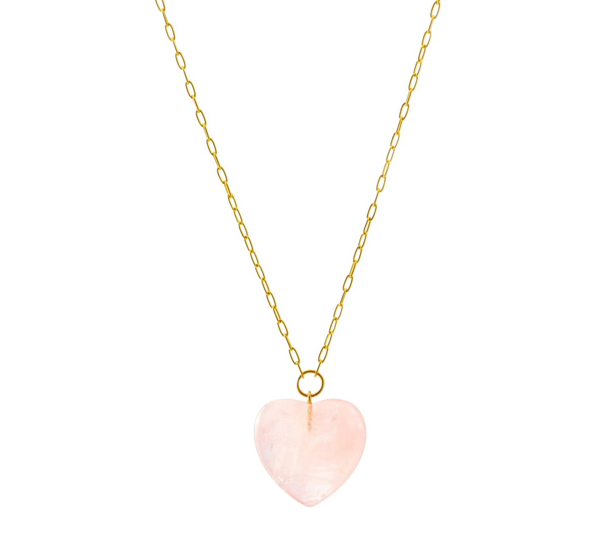 Front view of Rose Quartz Heart Pendant on Gold Chain showcasing a pink rose quartz heart and 14K yellow gold chain