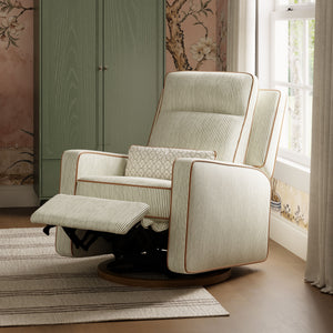 Sigi Pro Power Recliner and Swivel Glider with Power Adjustable Headrest and Lumbar Support by Nate Berkus in Performance Olive Stripe Eco-Crossweave with Toffee Base