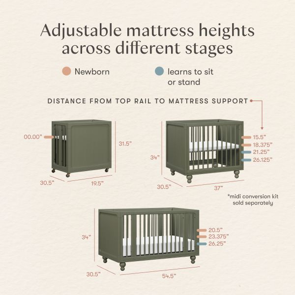 Diagram showing adjustable crib mattress heights for newborn and sitting or standing stages