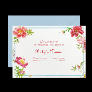 Peonies Birth Announcement without Photo, Set of 50