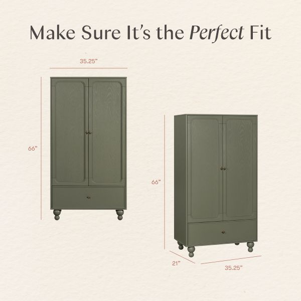Astre Assembled Armoire in Archival Elm, front and angled views, 66 inches tall, 35.25 inches wide, 21 inches deep