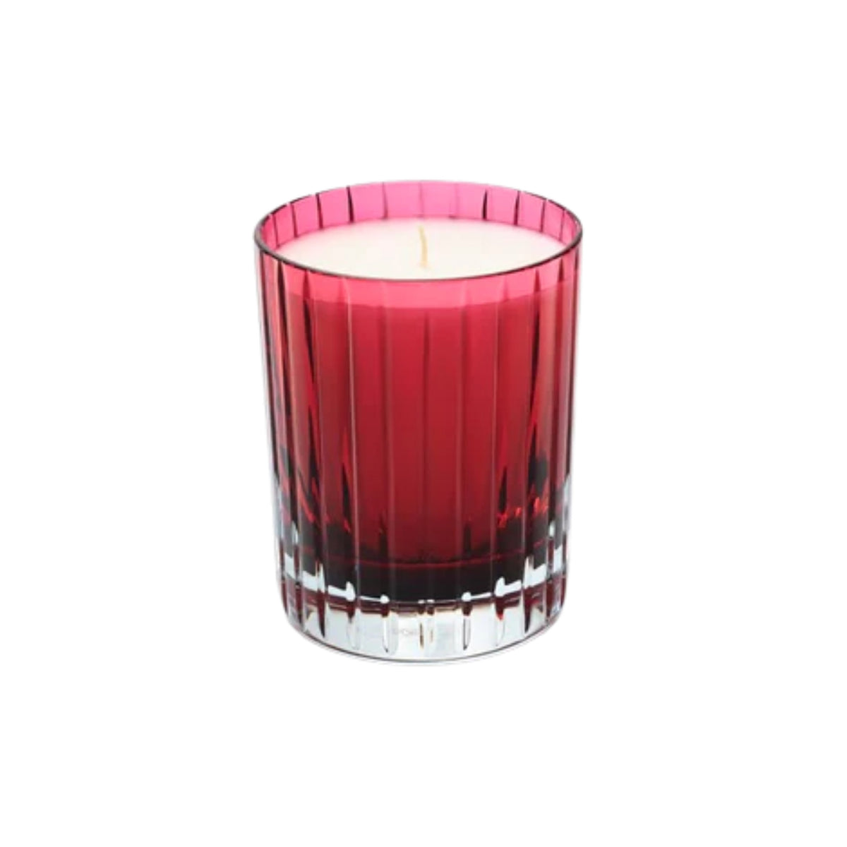 Front view of Harmonie Four Elements Candle in Fire showcasing its red crystal container and white wax with a plain white background