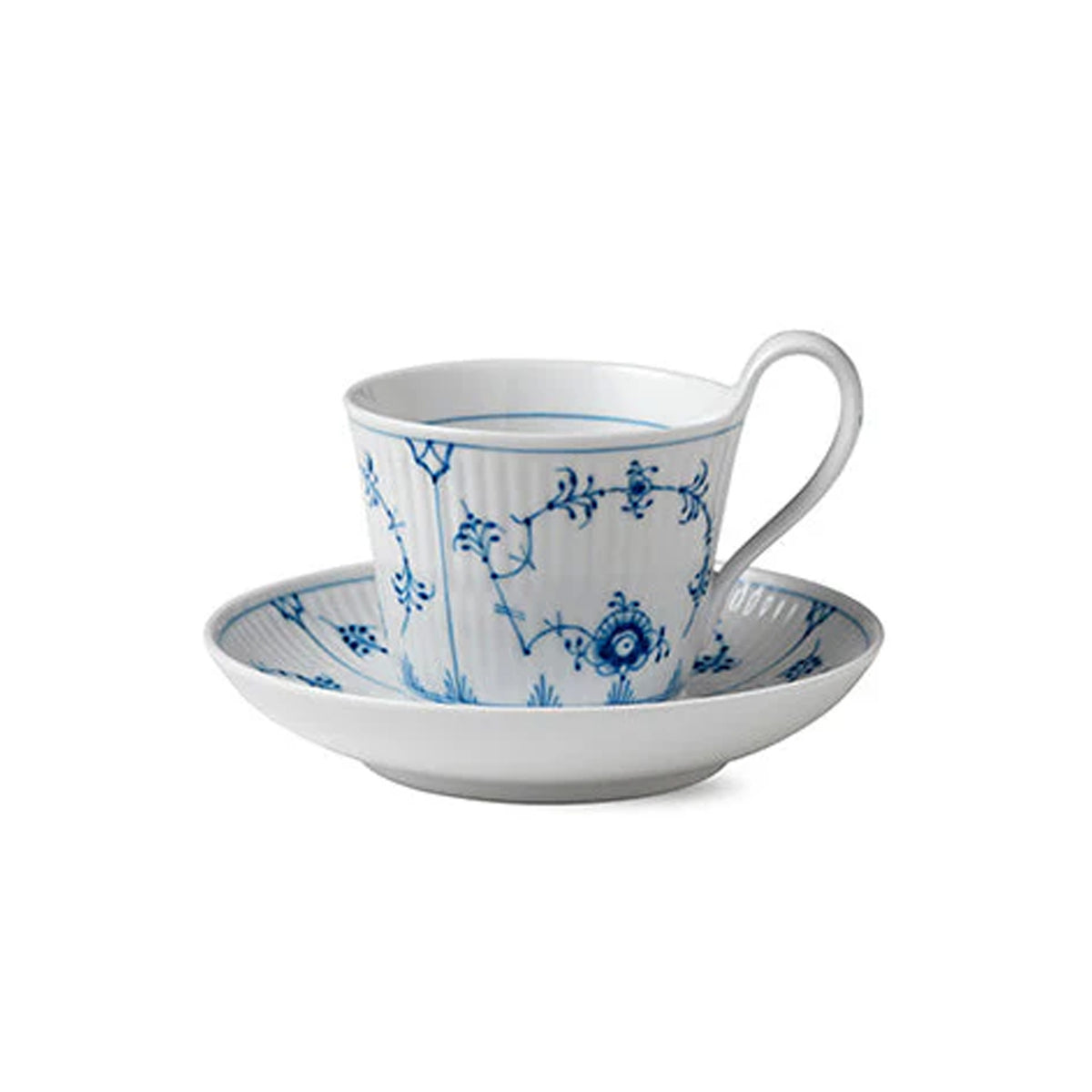 Blue Fluted Plain High Handle Cup & Saucer 8.5Oz