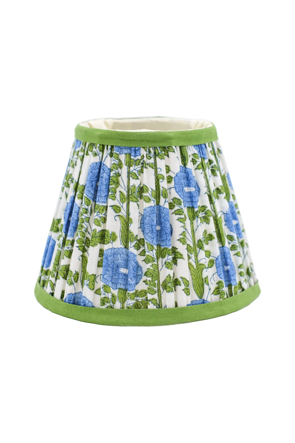 6" mini pleated blockprint lampshade with araminta blue floral design, green trim