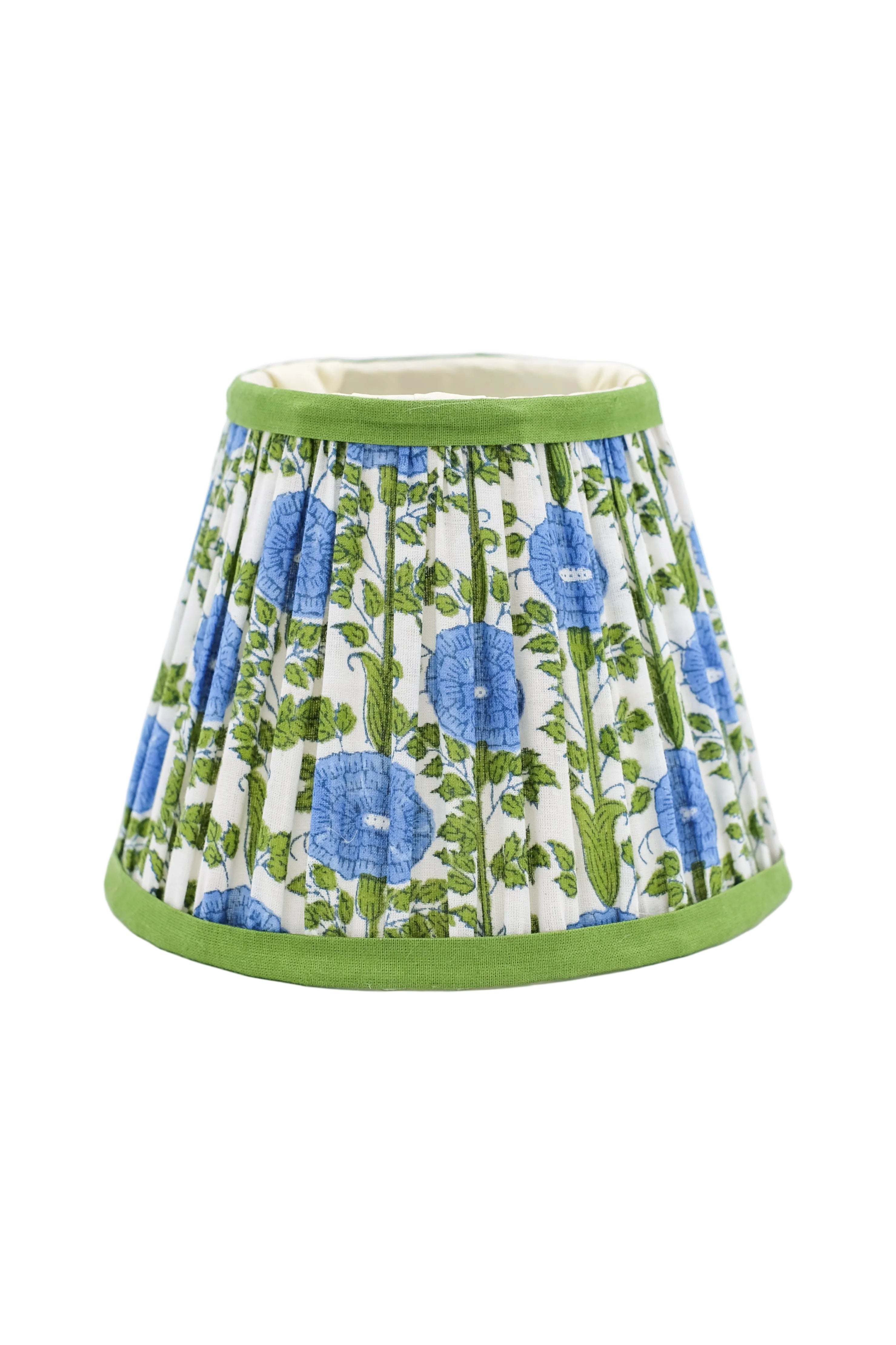 6" mini pleated blockprint lampshade with araminta blue floral design, green trim