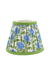 6" mini pleated blockprint lampshade with araminta blue floral design, green trim