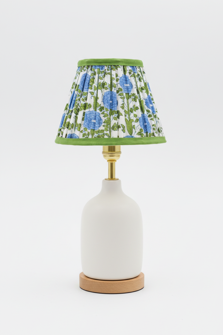 6" mini pleated blockprint lampshade with araminta blue floral design, green trim