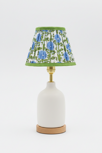 6" mini pleated blockprint lampshade with araminta blue floral design, green trim