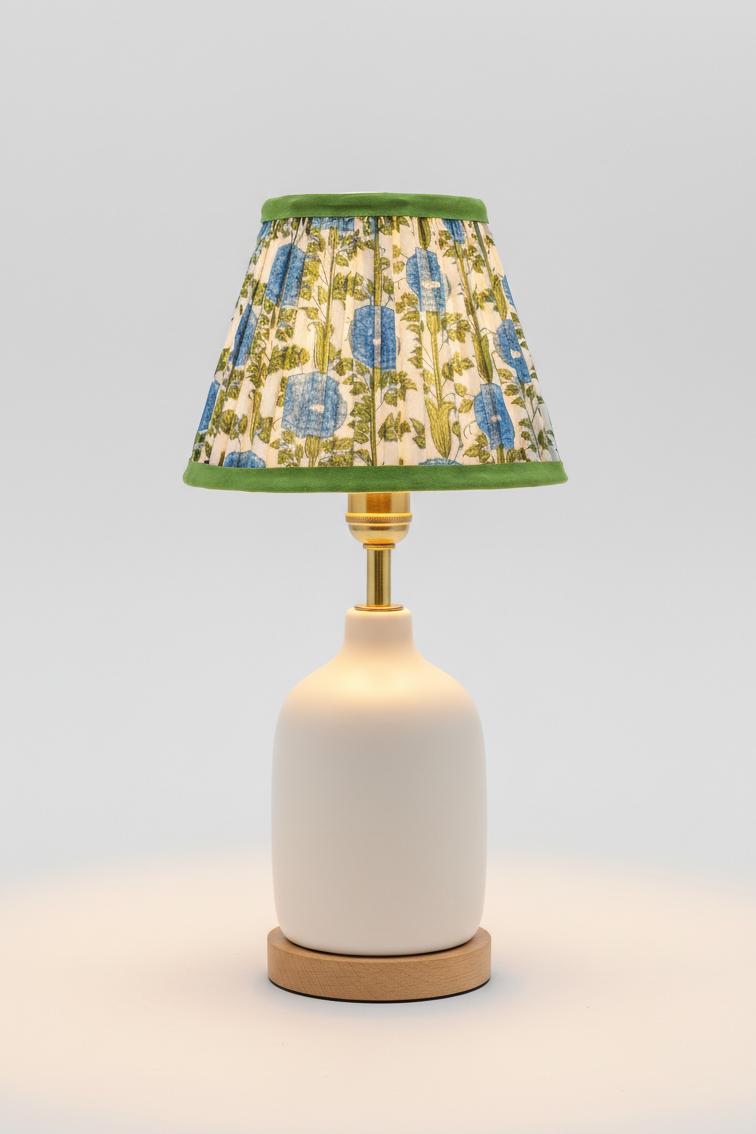 6" mini pleated blockprint lampshade with araminta blue floral design, green trim