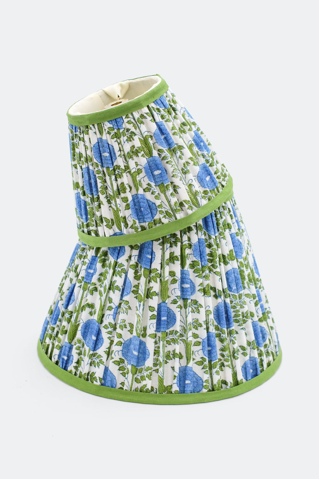6" mini pleated blockprint lampshade with araminta blue floral design, green trim
