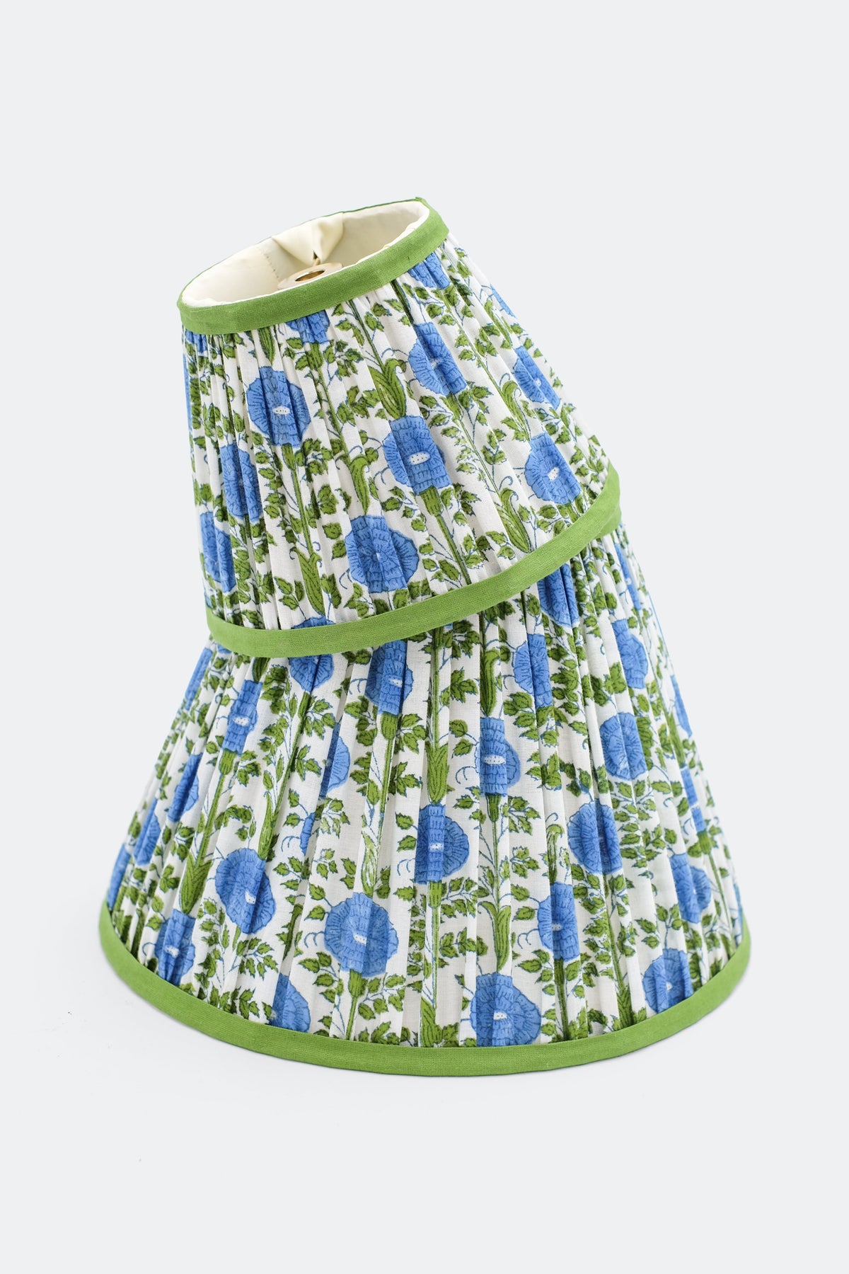 6" mini pleated blockprint lampshade with araminta blue floral design, green trim