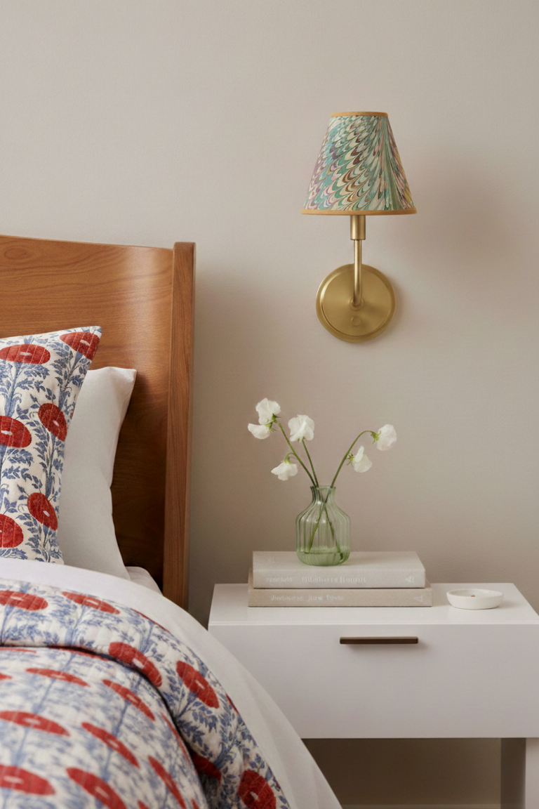 Hand-marbled clip-on sconce shade mounted on wall above bedside table
