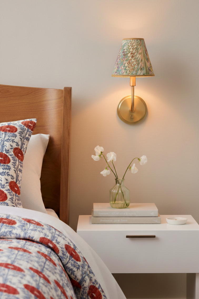 Lit hand-marbled clip-on sconce shade mounted on wall above bedside table