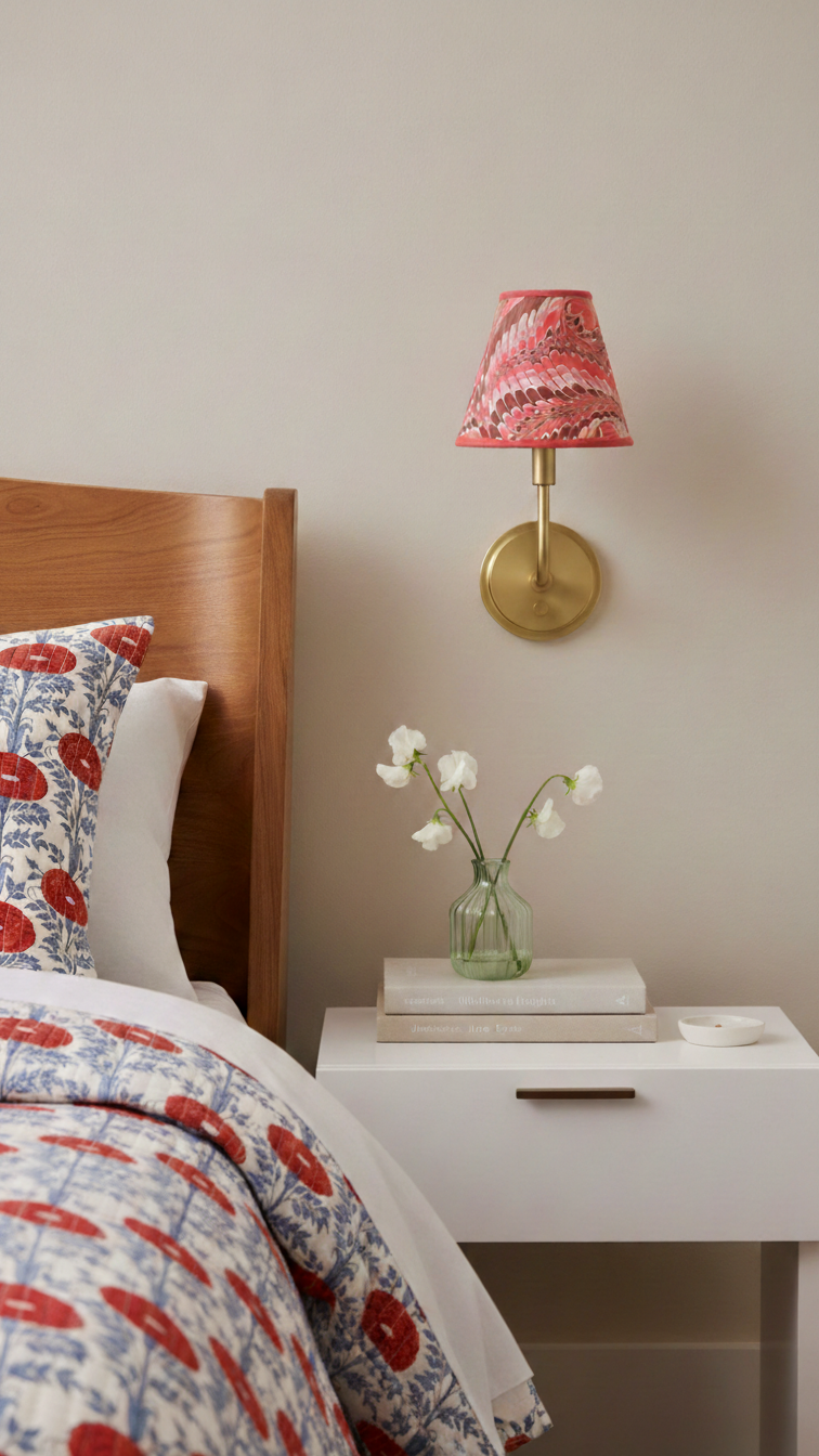 Hand-marbled clip-on sconce in bedroom with floral bedding