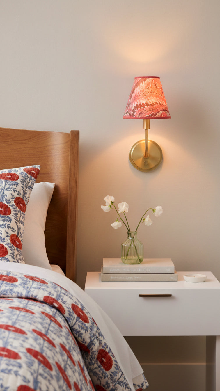 Gold wall sconce with Florentine Pink hand-marbled clip-on lampshade near bed