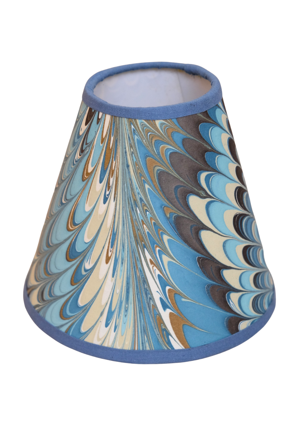 Small blue beige hand-marbled fabric lampshade with blue trim