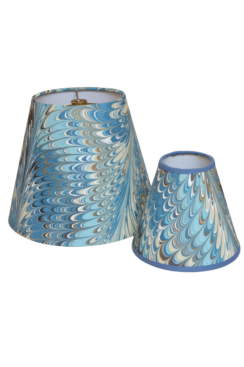 Two blue beige hand-marbled fabric lampshades, assorted sizes