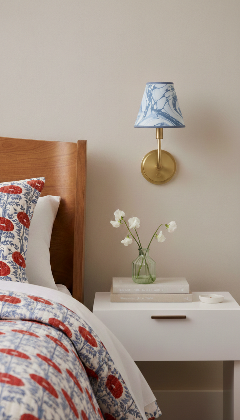 Hand-marbled clip-on sconce shade - ocean wave pattern mounted on wall in cozy bedroom