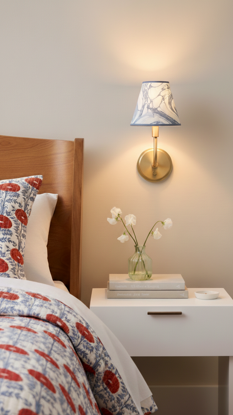 Illuminated hand-marbled clip-on sconce shade with ocean wave pattern in cozy bedroom