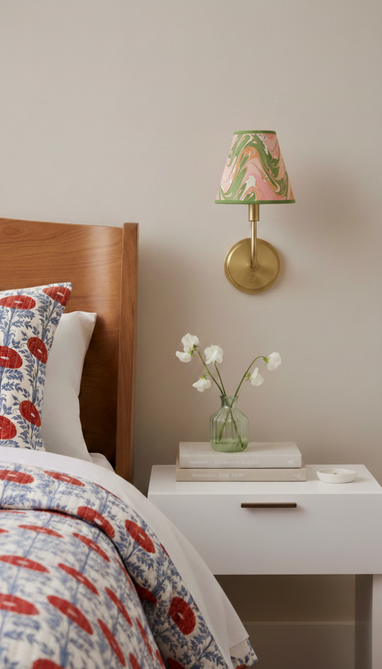 Wall-mounted sconce with hand-marbled clip-on lampshade in bedroom setting