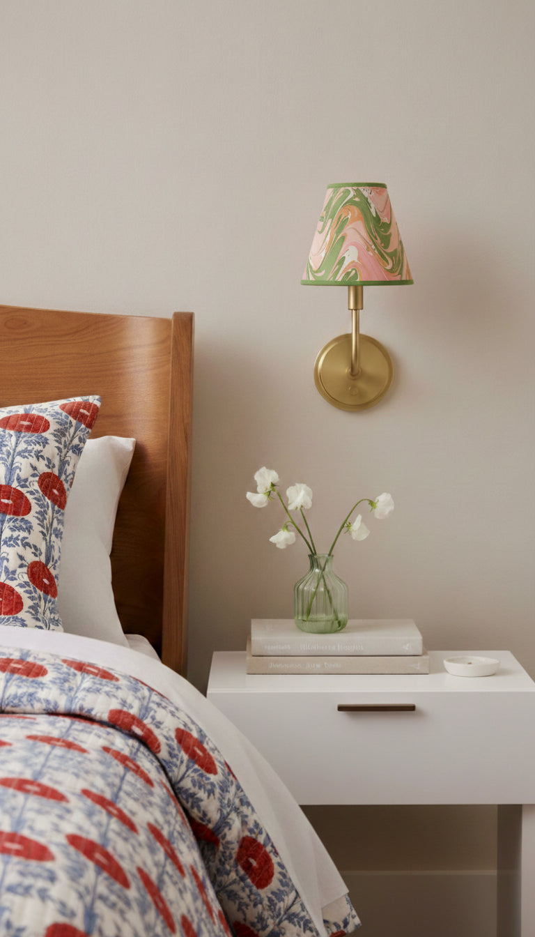 Wall-mounted sconce with hand-marbled clip-on lampshade in bedroom setting