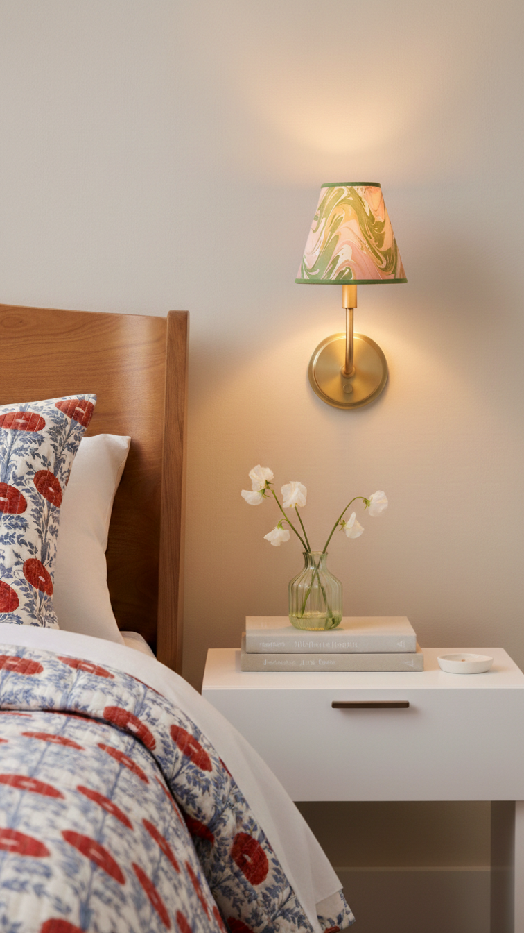 Inner Child's peony bloom hand-marbled clip-on sconce mounted on wall