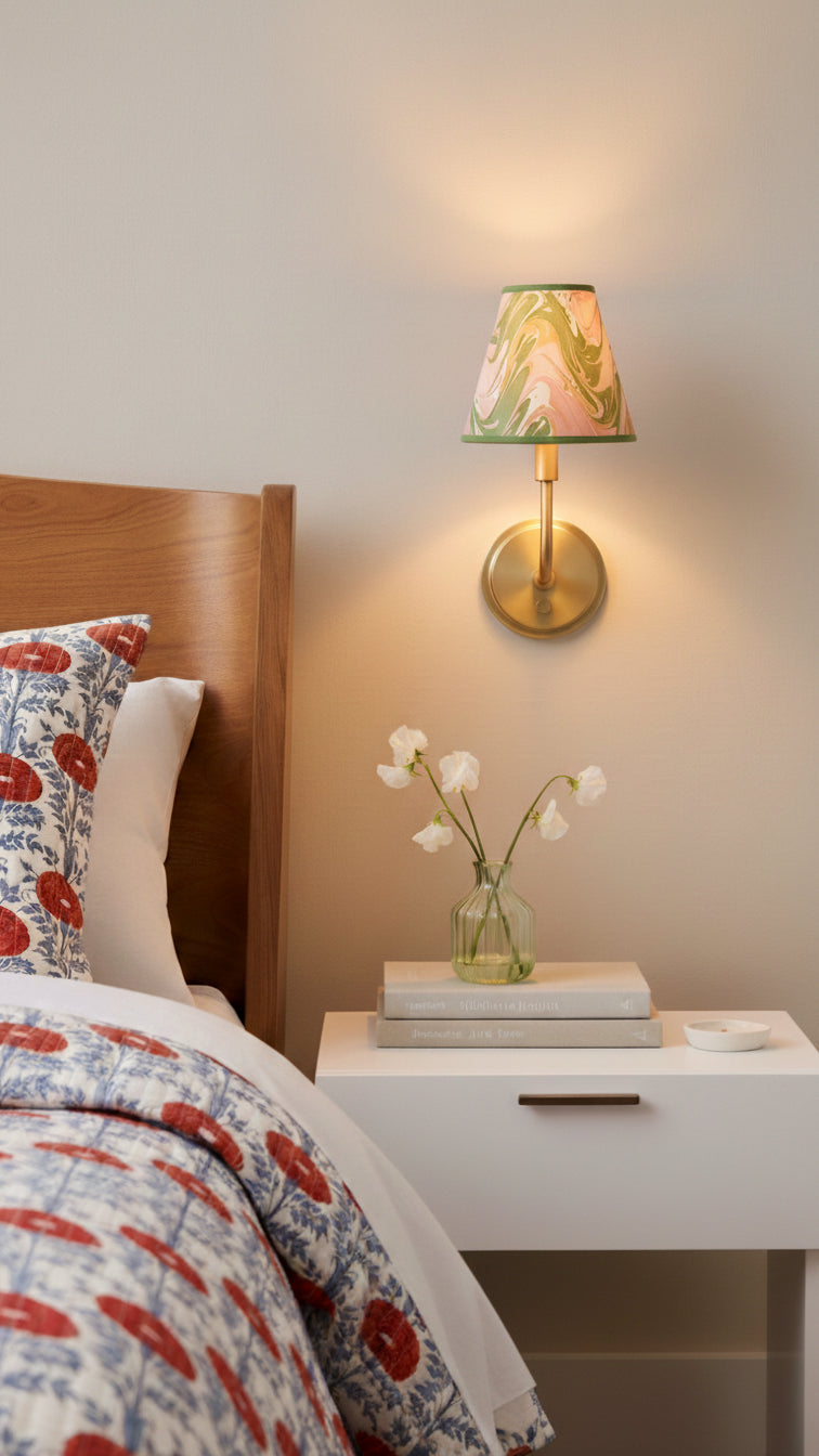 Inner Child's peony bloom hand-marbled clip-on sconce mounted on wall