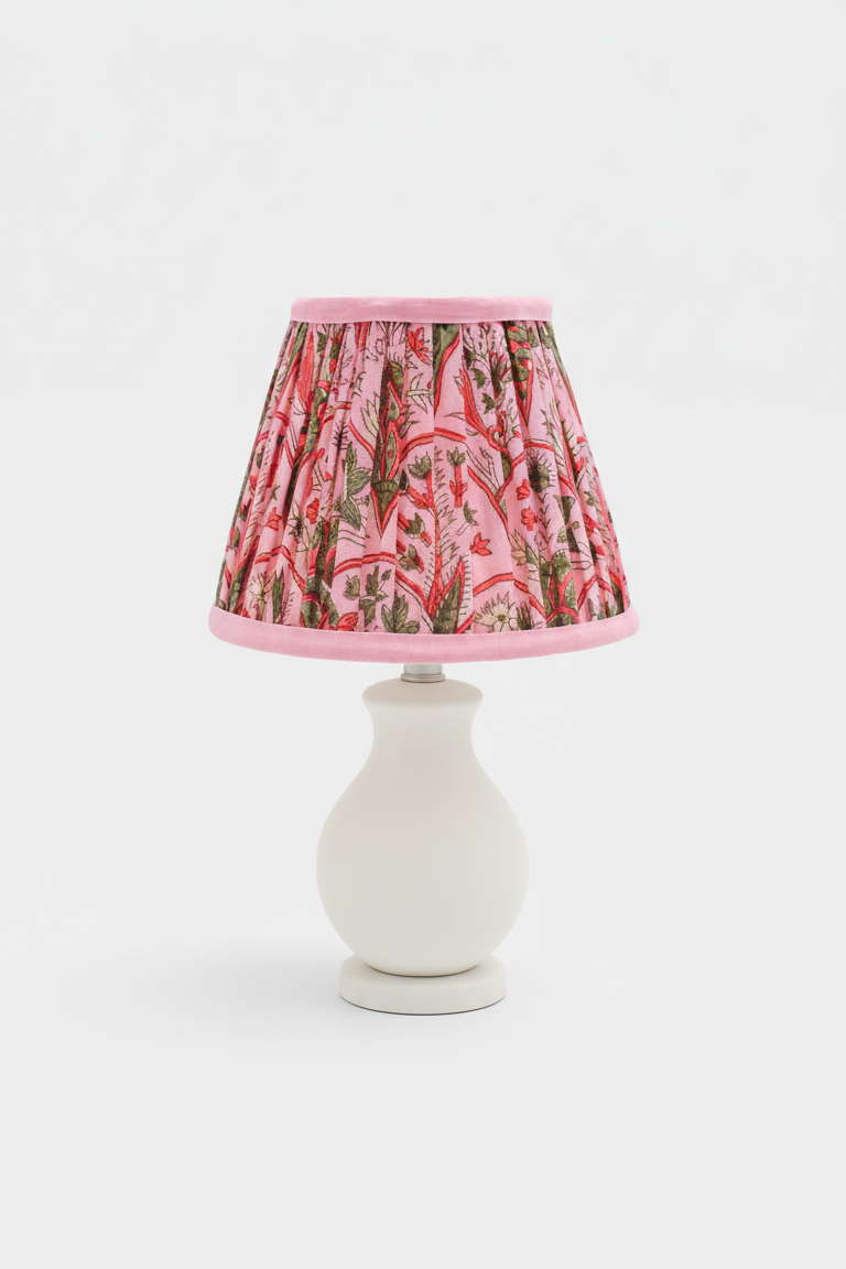 Pink arch blockprint pleated mini lampshade on white table lamp base from Inner Child