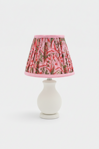 Pink arch blockprint pleated mini lampshade on white table lamp base from Inner Child