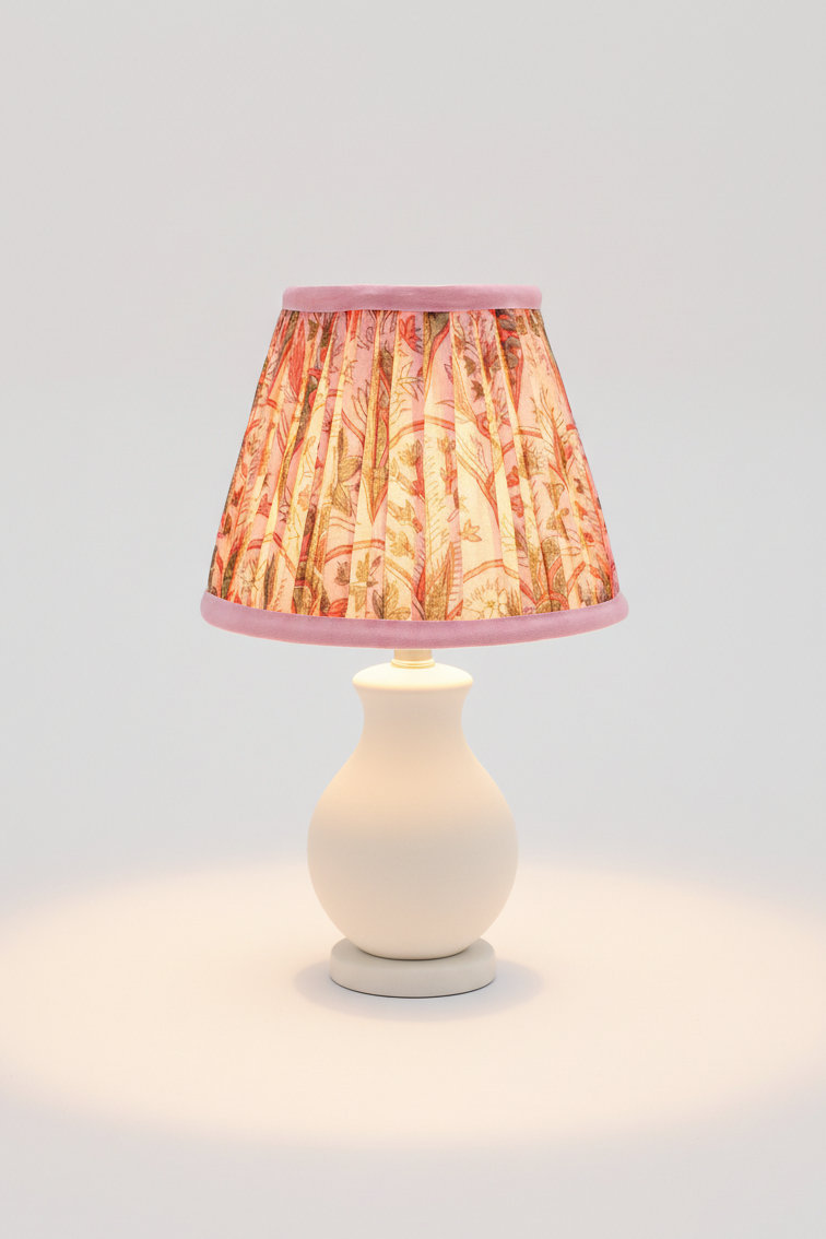 Lit pink arch blockprint pleated mini lampshade from Inner Child