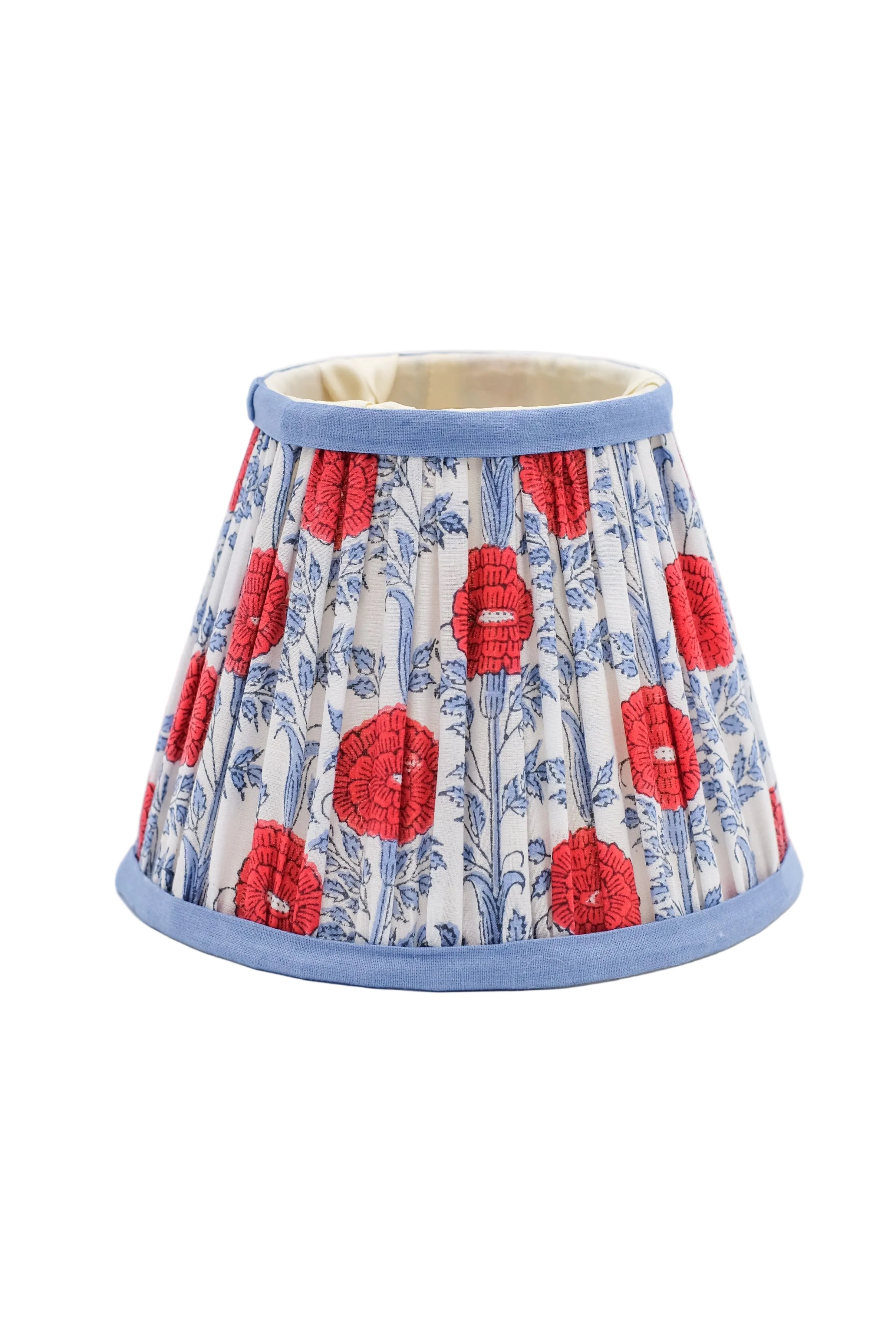 6-inch araminta red blockprint pleated lampshade with blue trim