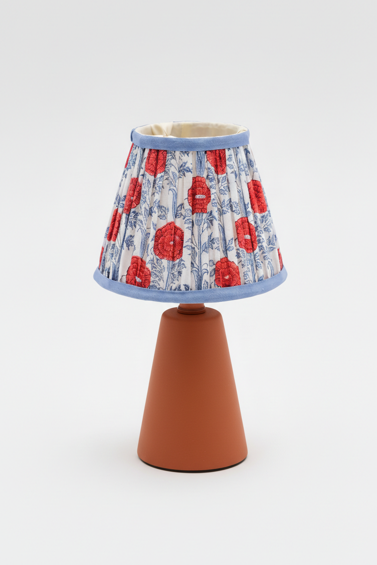6-inch araminta red blockprint pleated lampshade on terracotta base