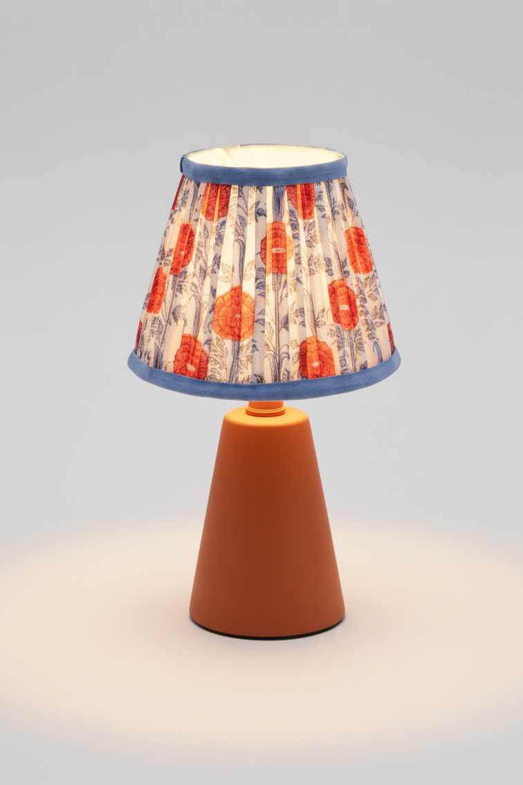 6-inch araminta red blockprint pleated lampshade on orange base