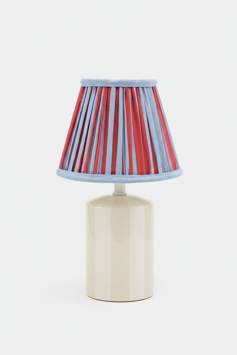 6" Mini Pleated Blockprint Lampshade with red and blue stripes on cream base - Inner Child