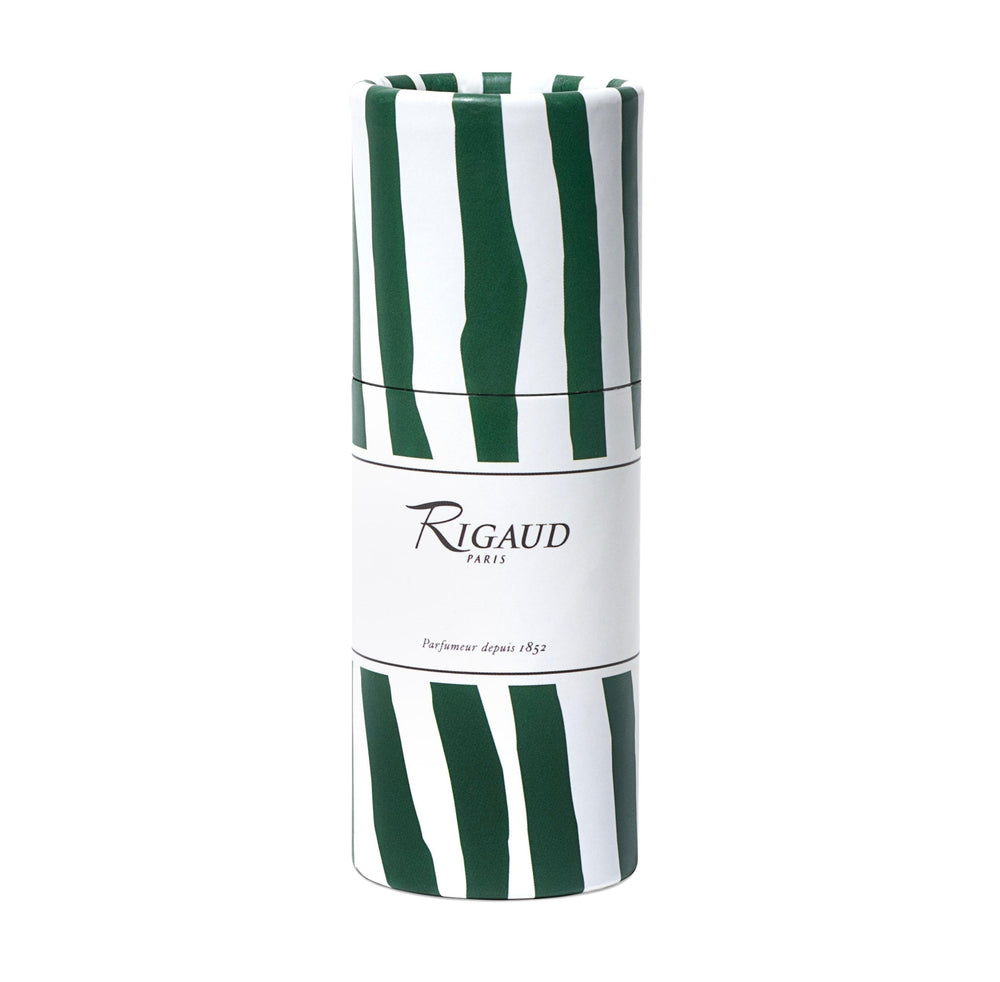 Front view of Cyprès match tube showcasing green-and-white vertical stripes and Rigaud Paris label on white background