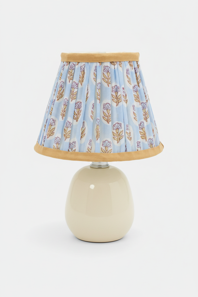 Sky blue daisy pleated lamp on cream ceramic base - Inner Child