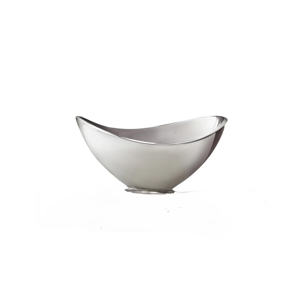 Angled side view of Nambe 6.5-inch Butterfly Bowl showcasing polished metal finish and upward winged rim on white background