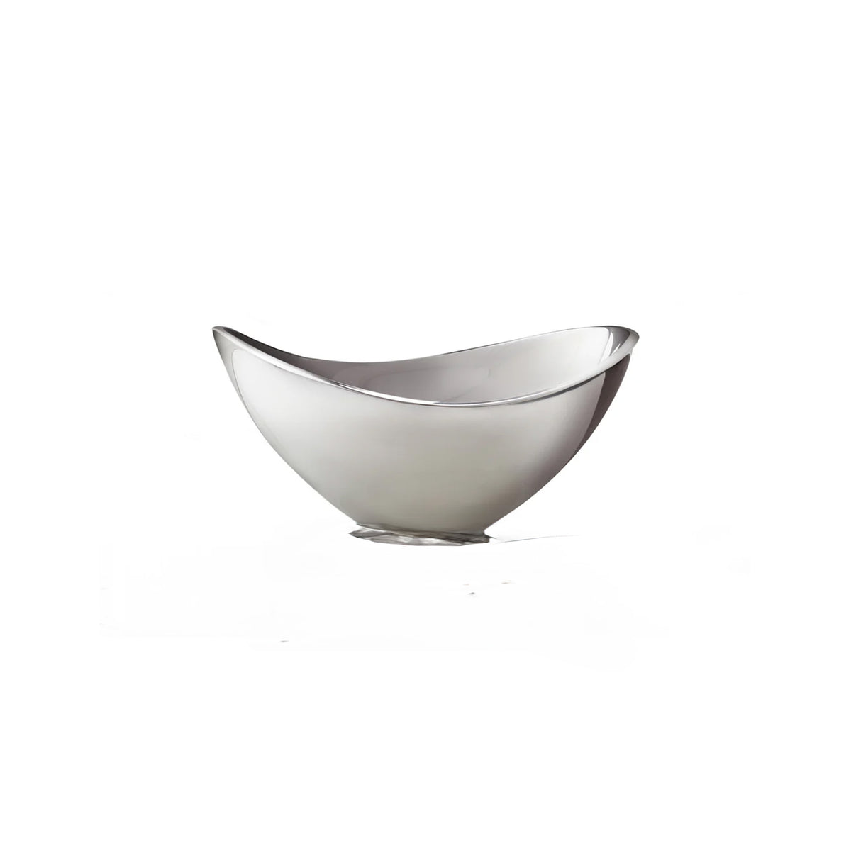 Angled side view of Nambe 6.5-inch Butterfly Bowl showcasing polished metal finish and upward winged rim on white background