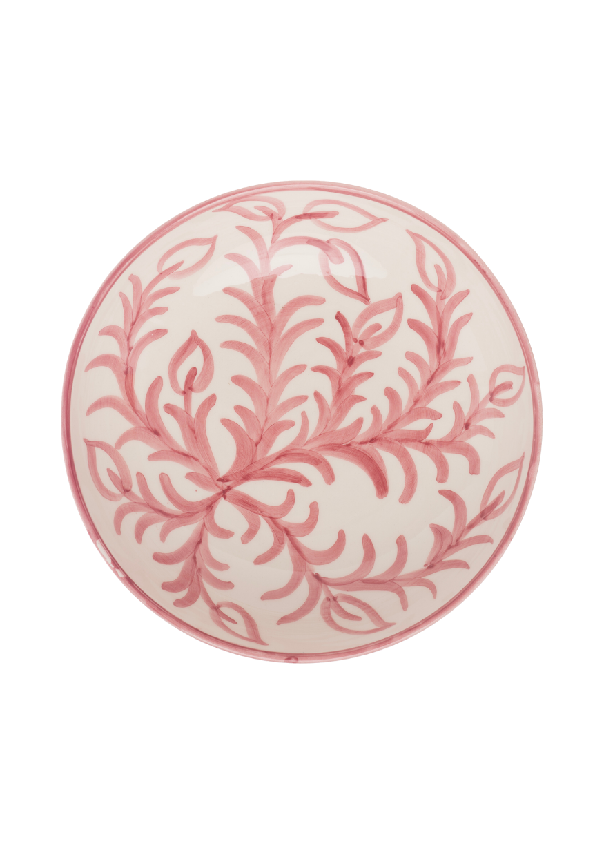 Top-down view of Pink Vina large bowl showing hand-painted pink leaf motif on cream glaze against white background