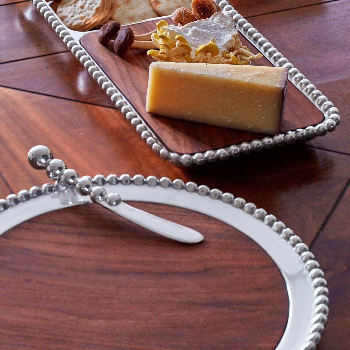 Pearled Round Cheese Board, Dark Wood-Serving Trays and More-|-Mariposa