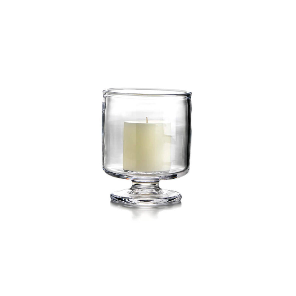 Front view of Nantucket Hurricane glass hurricane showcasing handblown clear glass and pedestal foot on white background