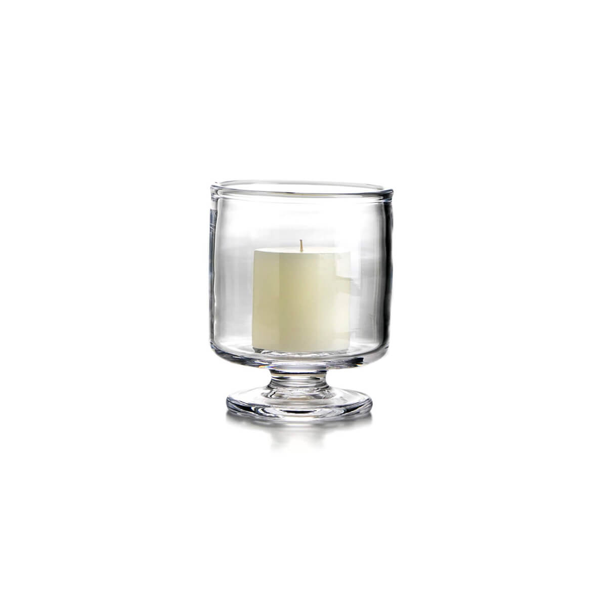 Front view of Nantucket Hurricane glass hurricane showcasing handblown clear glass and pedestal foot on white background