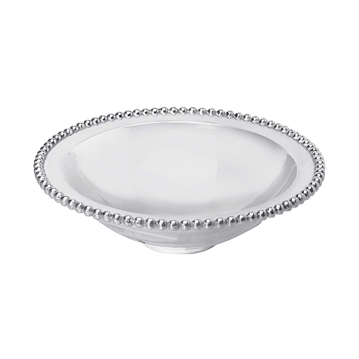 Front three-quarter view of Pearled Serving Bowl showcasing beaded pearl border with white background