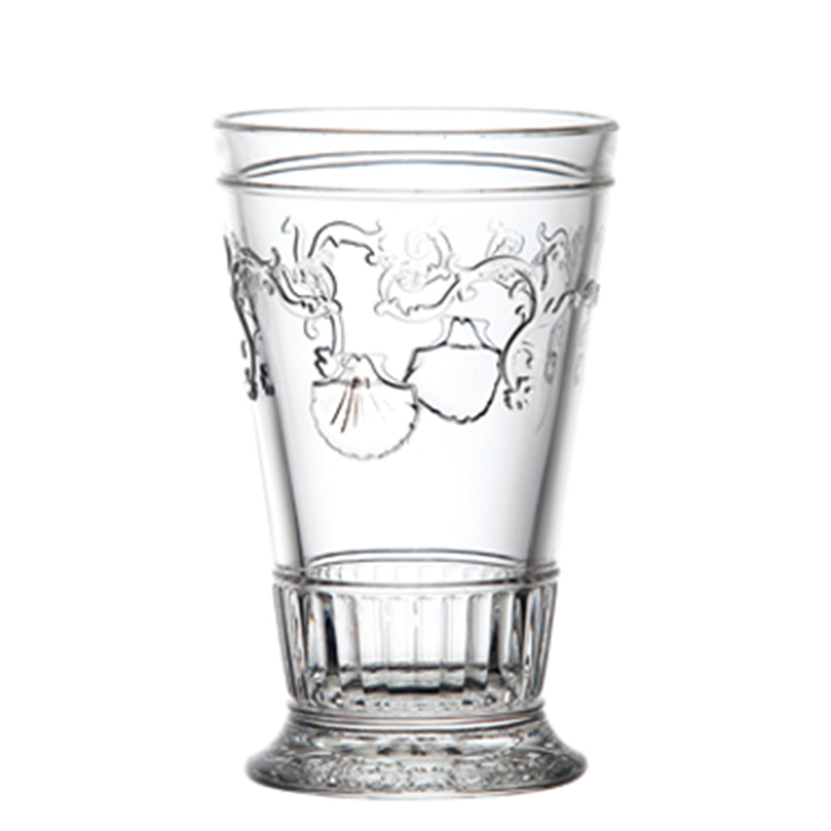 Front view of Versailles ice tea glass showcasing shell and flower engraving and faceted skirt base on white background