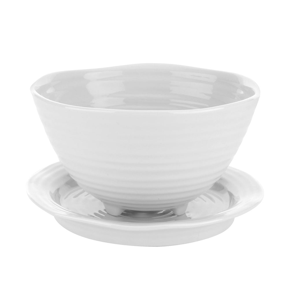 Front view of Sophie Conran berry bowl on matching stand showing white glazed porcelain, ribbed texture and small feet on white background