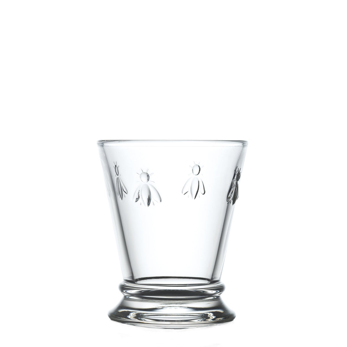 Front view of Bee mini tumbler showcasing embossed bee motif on clear glass with white background