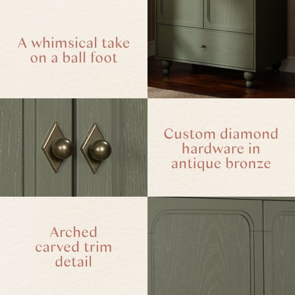 Astre Assembled Armoire in Archival Elm with ball feet, antique bronze diamond hardware, and arched carved trim